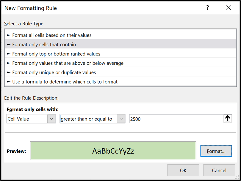 The pop-out window in Excel used to set a formatting rule. In this example, cell values greater than or equal to 2500 are formatted in light green.