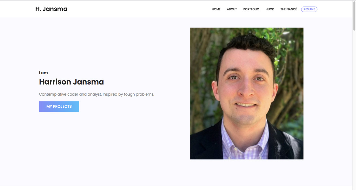 The homepage of Harrison Jansma's data analytics portfolio website