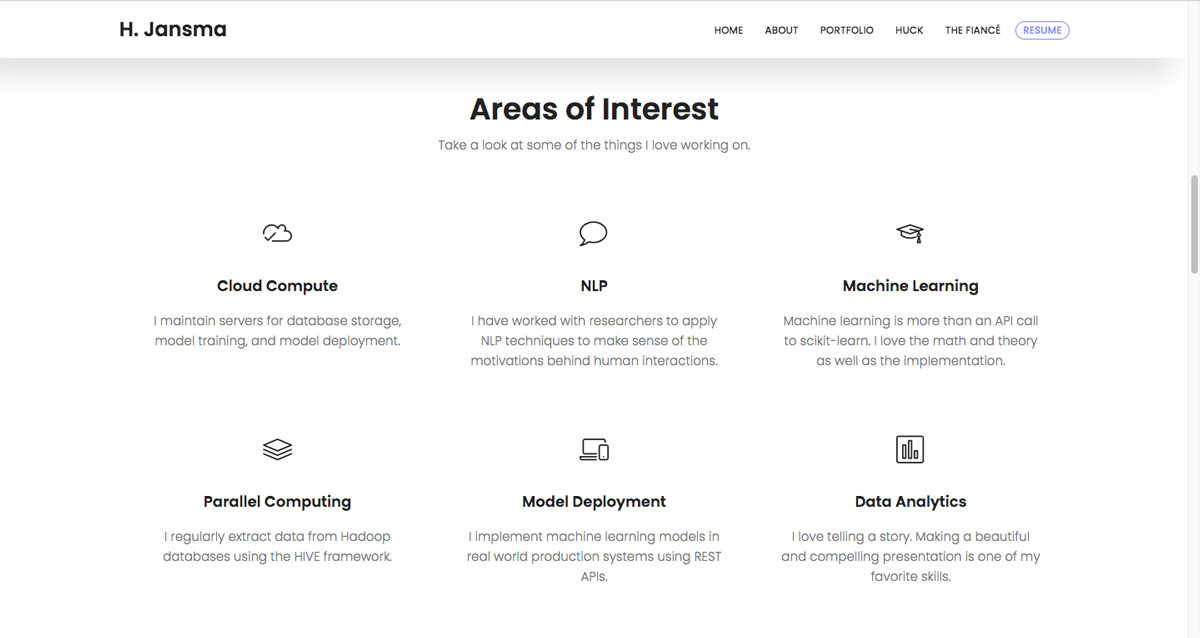 A screen grab from Harrison Jansma's data analytics portfolio, showing his skills and interests
