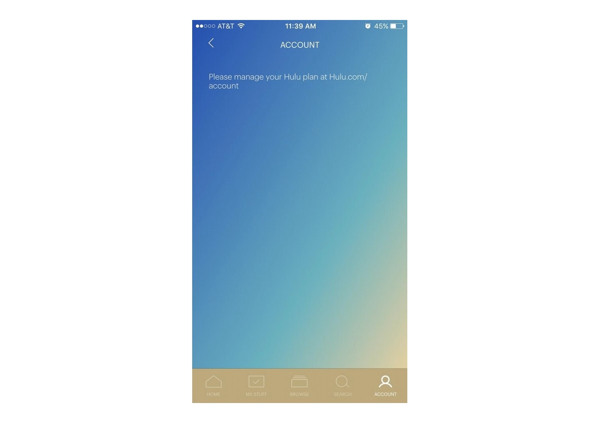Blue app screen with the words 'please manage your Hulu account at Hulu.com/account' on it