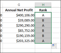 A Microsoft Excel worksheet; the formula in one cell has been applied to subsequent cells by clicking and dragging down