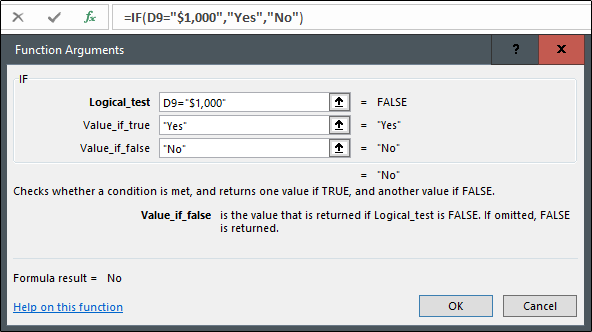 The pop-out box you'll see in Microsoft Excel when using the IF function