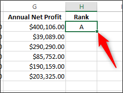 An Excel worksheet with one cell highlighted and annotated with a red arrow