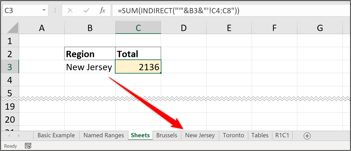 An Excel spreadsheet showing how the INDIRECT formula can be used to call data from another sheet.