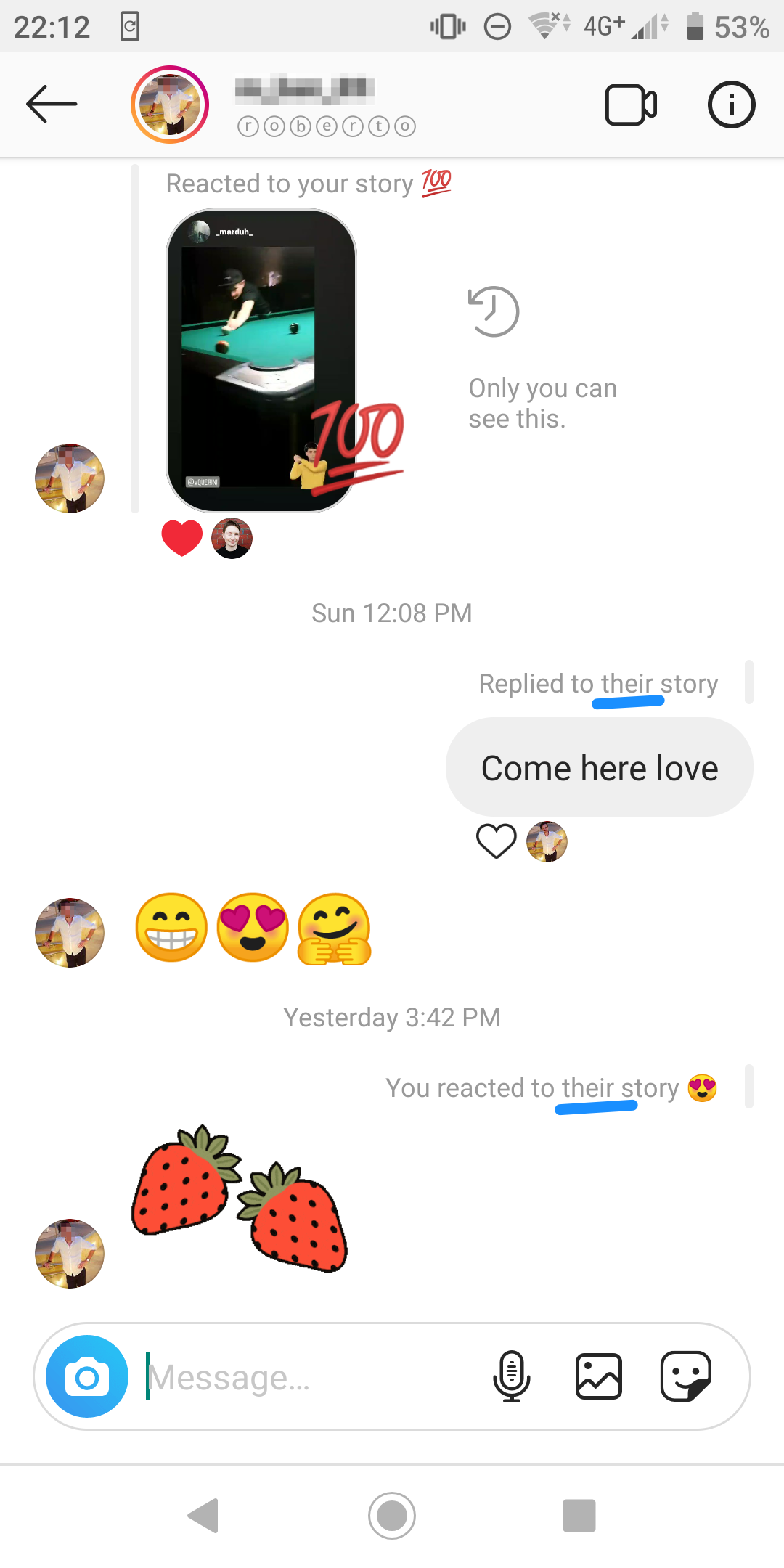 Screenshot of a private chat in Instagram between two users; gender-neutral pronouns used for both people