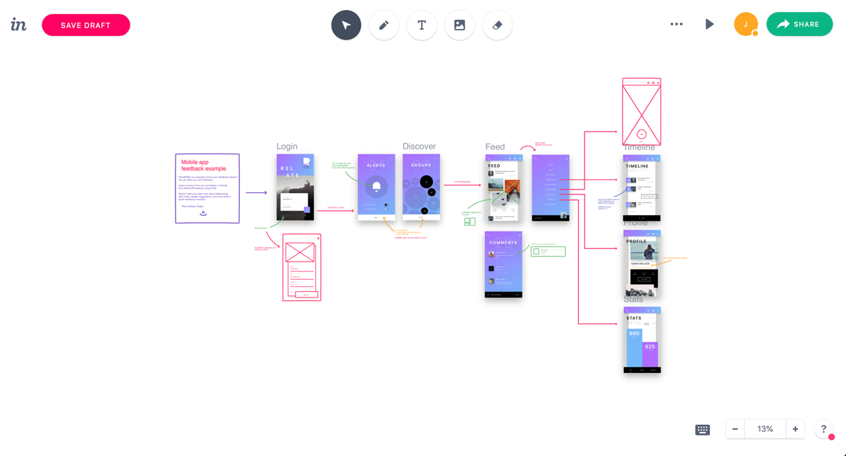 Invision Freehand mobile app wireframe