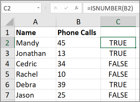 An Excel spreadsheet containing data for "name" and "number of phone calls." The =ISNUMBER(B2) formula has been entered, with the third column containing either "true" or "false" depending on whether the data has been stored as a number or as text.