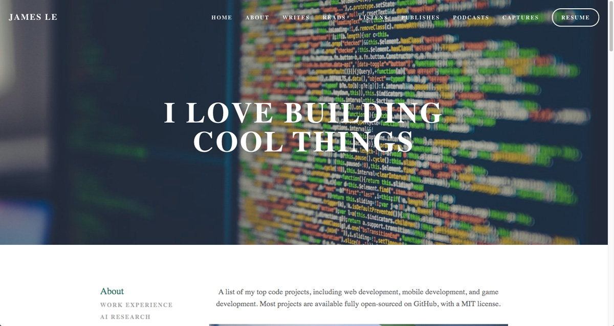 A screen grab of James Le's data analytics portfolio with the headline "I love building cool things"