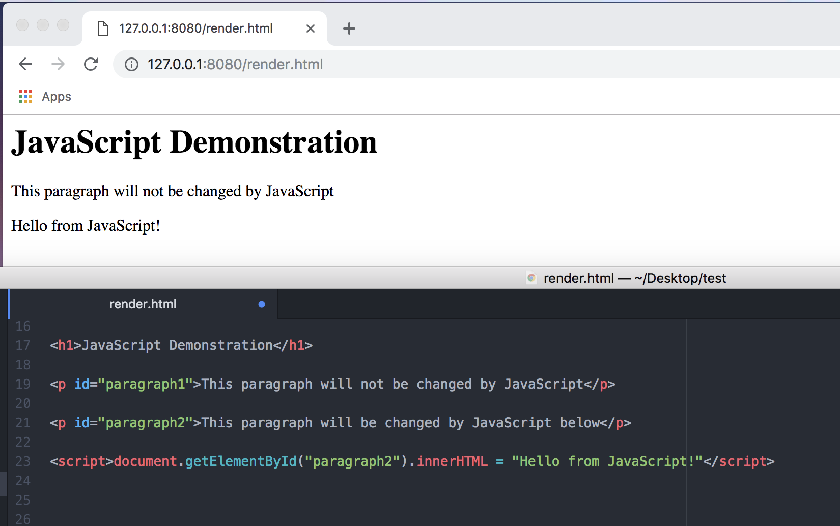 A screenshot showing JavaScript being used to replace text on a page