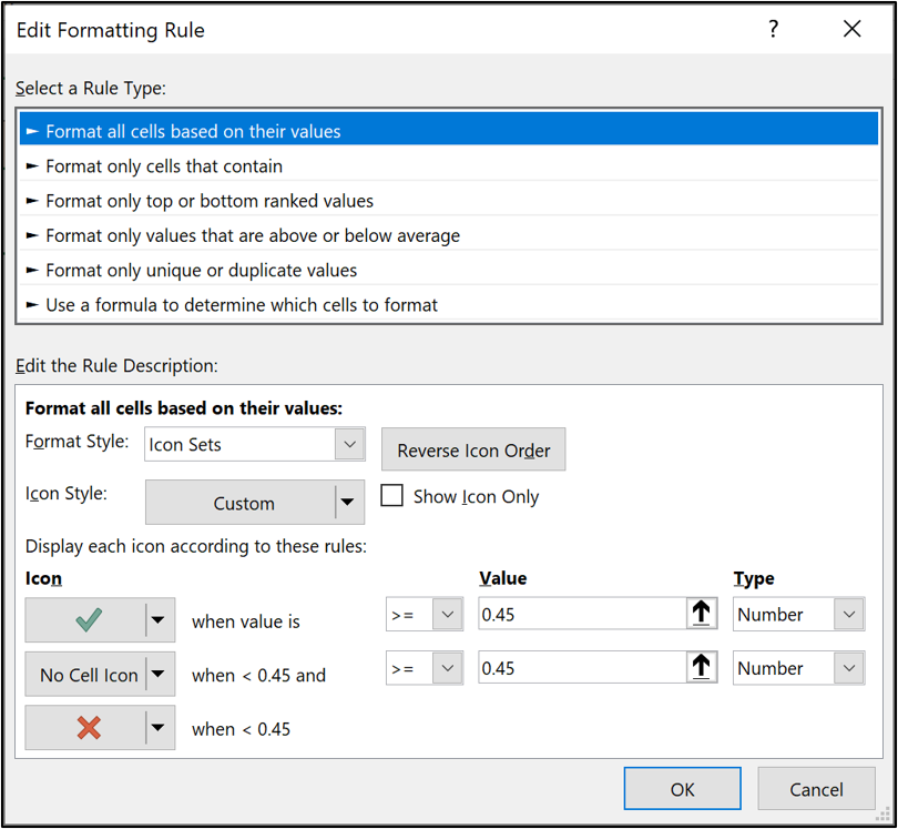 The "Edit formatting rule" window in Microsoft Excel used to apply different formatting rules. In this example, the “format all cells based on their values” option has been selected.