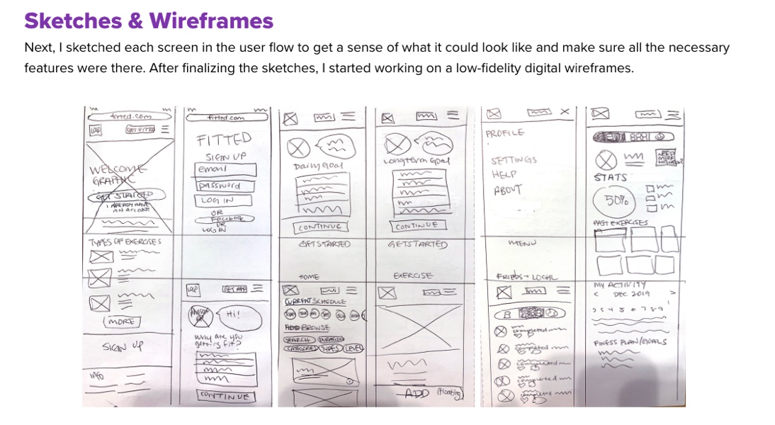 UX design portfolio example: Sketched lo-fi wireframes showing parts of the design process