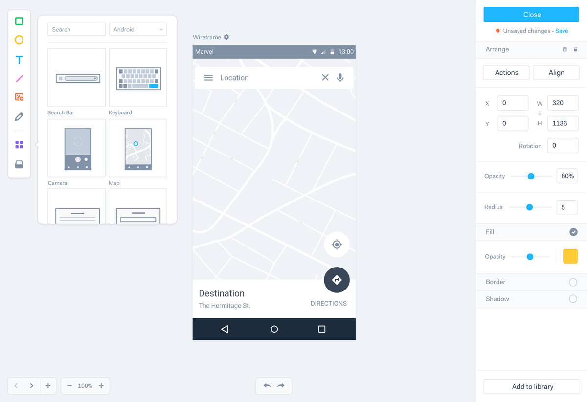 Marvel wireframe and UI components