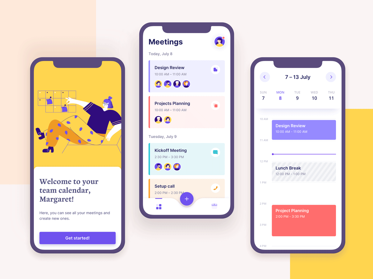 Three mobile screens of a scheduling app designed by Valerya Nasikan