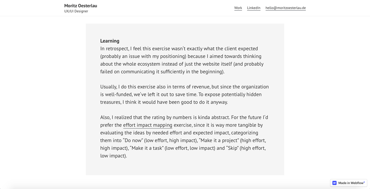 Oesterlau's learnings included in his UX portfolio (a screengrab)