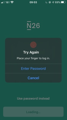 Screenshot of N26 mobile app login showing an error with the TouchID login