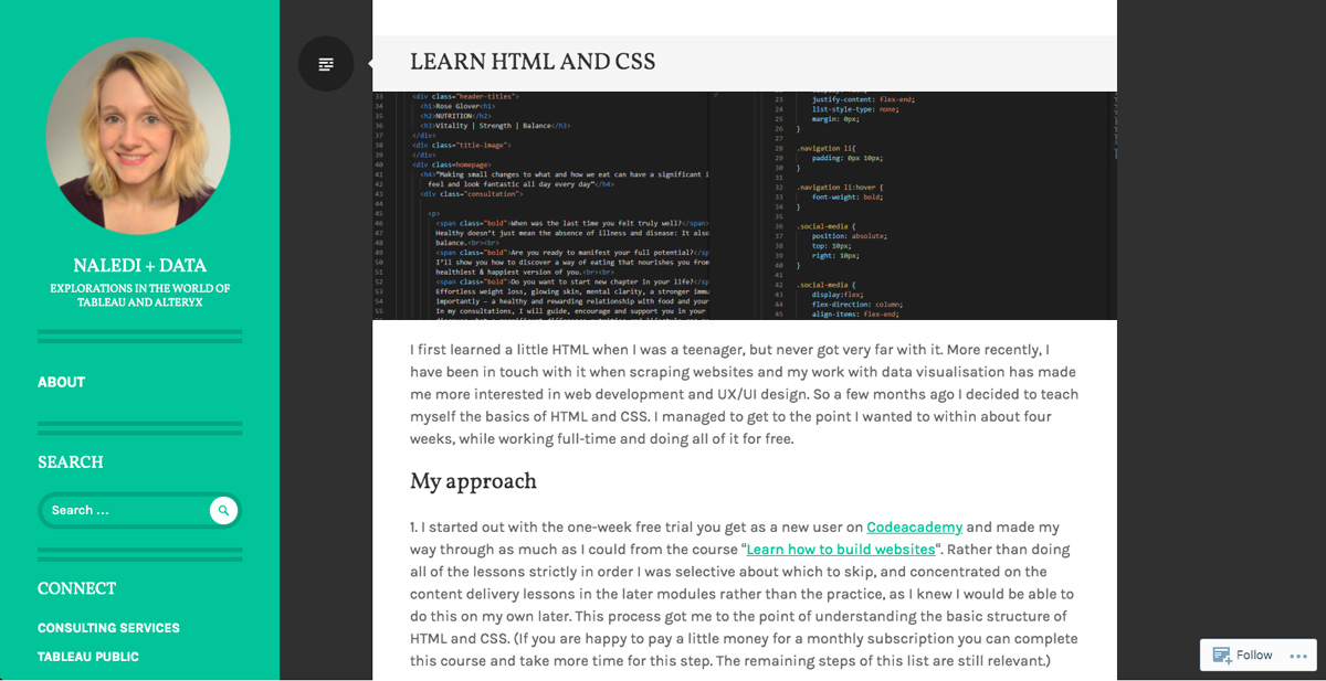 A screengrab showing data analyst Naledi Hollbruegge’s blog where she discusses HTML and CSS