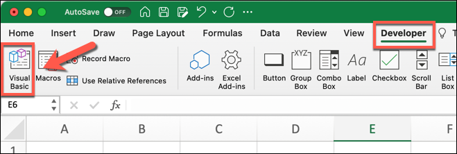 The ribbon bar in Microsoft Excel, with the developer tab highlighted and an arrow pointing to the Visual Basic icon