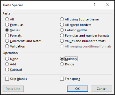 The dialog box which appears when you select "paste special" in Excel. The "values" and "multiply" options have both been checked.