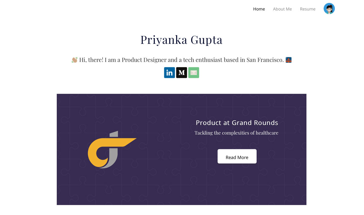 The homepage of Priyanka Gupta's UX design portfolio example