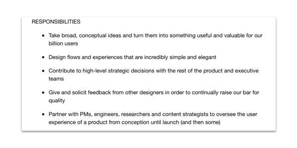 Screenshot of a product designer job description