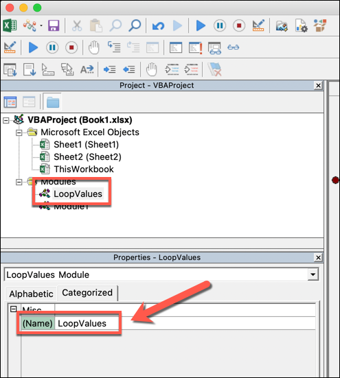 The VBA editor in Microsoft Excel. A specific module has been selected from the tree menu, and renamed "LoopValues"
