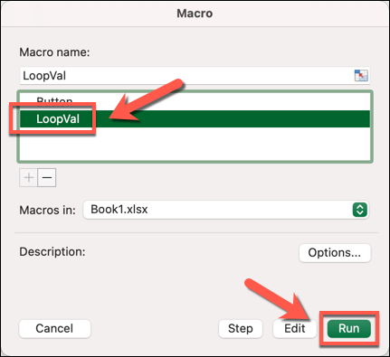 The Macro popup window in Microsoft Excel, with the "run" button highlighted.