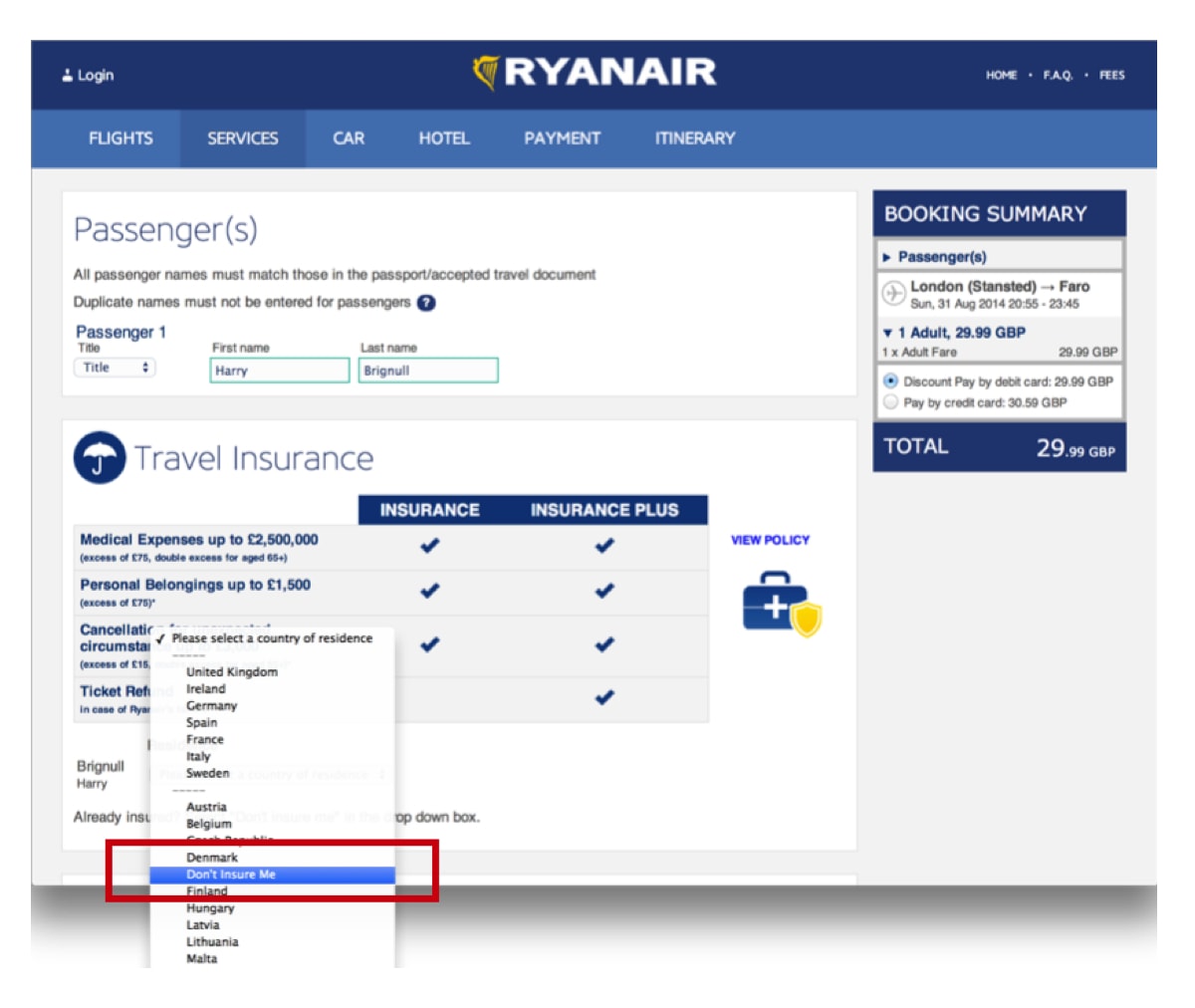 Insurance booking page with the sentence 'don't insure me' embedded in a dropdown of countries