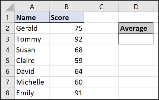 A simple Excel spreadsheet containing data for student names and test scores