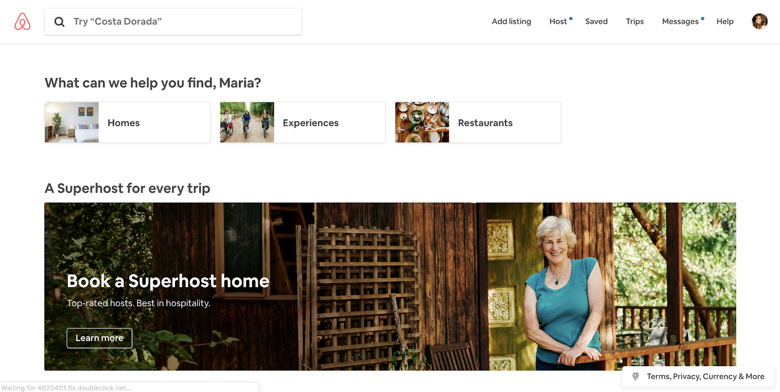 An example of microcopy in the search field, as used by Airbnb