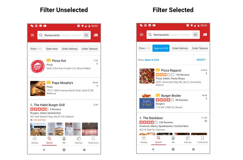 Two screenshots of the Yelp app, one with search filter selected and one with search filter unselected