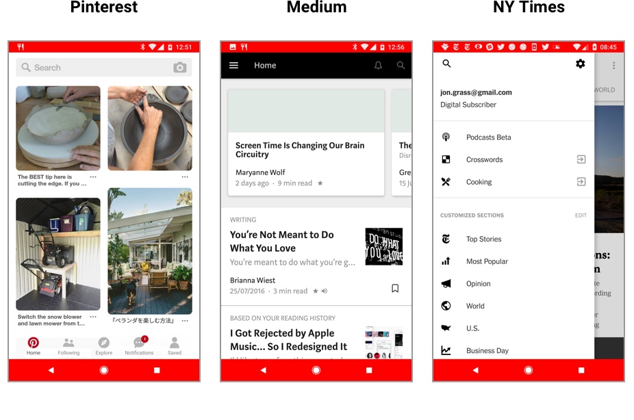 Screenshots of the Pinterest, Medium, and NY Times app user interfaces