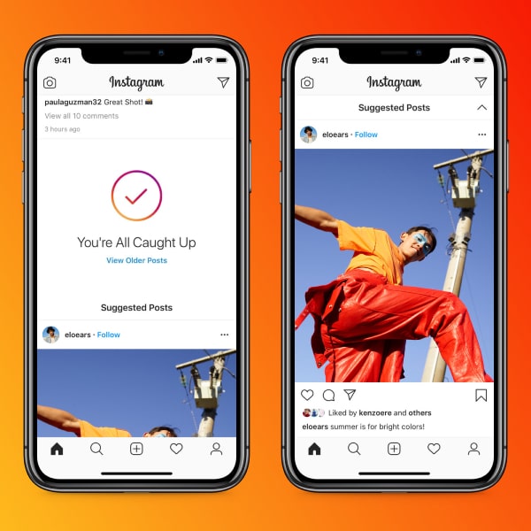 Instagram's home feed features an image with someone dancing in a yellow top and red pants framed by the Instagram interface.