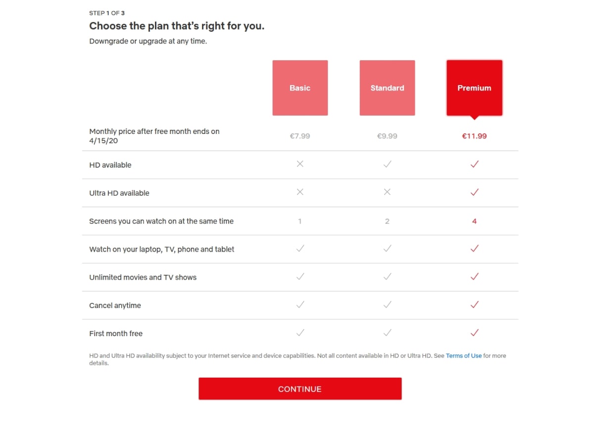 Netflix's sales page shows three plan options with their features and pricing