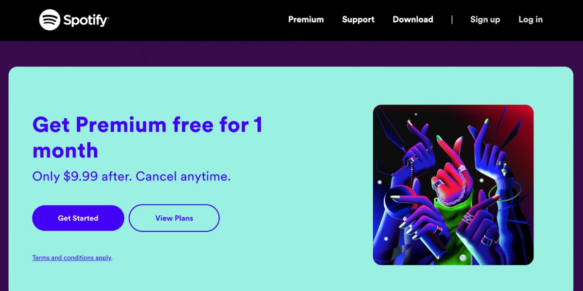 Spotfy's homepage features a menu bar with their Premium offer displayed below it
