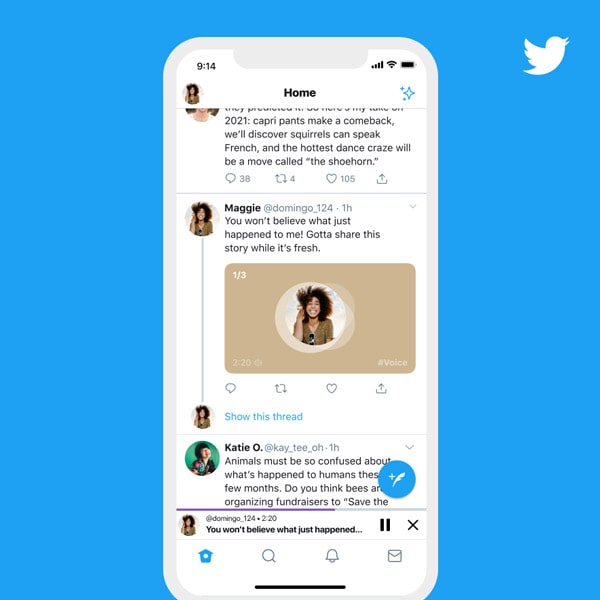 Twitter's feed features multiple multimedia posts framed by the twitter interface