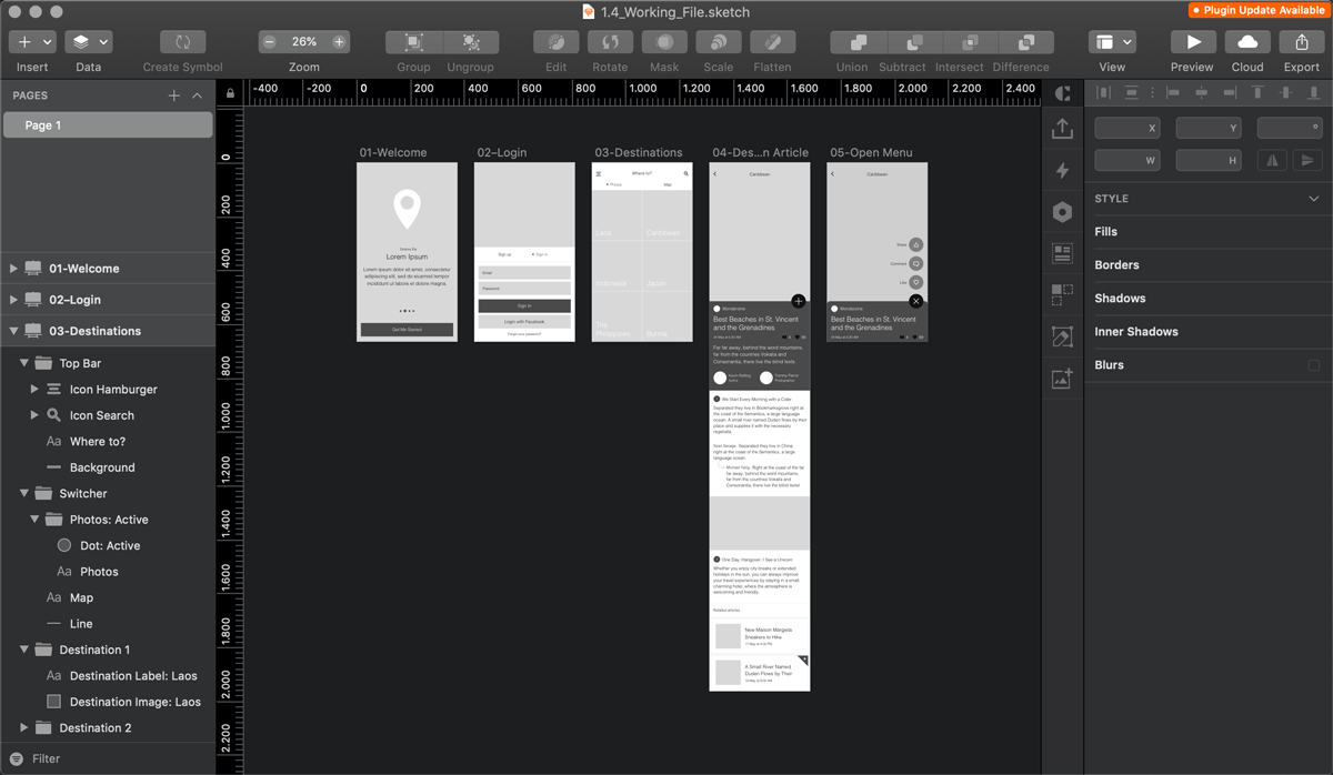 Wireframes of mobile interfaces on Sketch