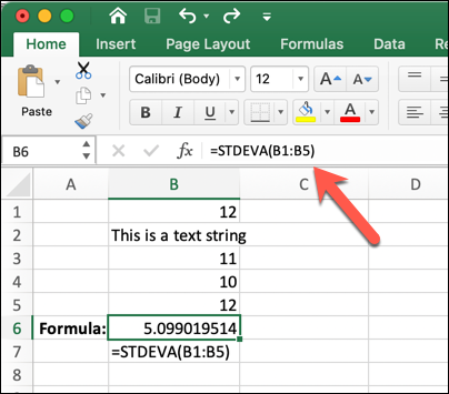 An Excel worksheet with =STDEVA(B1:B5) typed into the formula bar