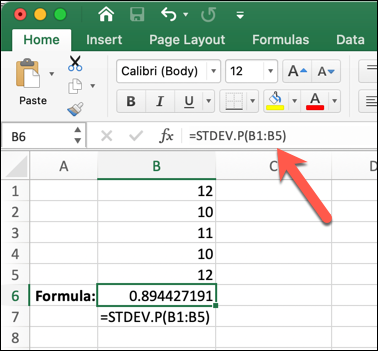 An Excel worksheet with the STDEV.P formula typed into the formula bar