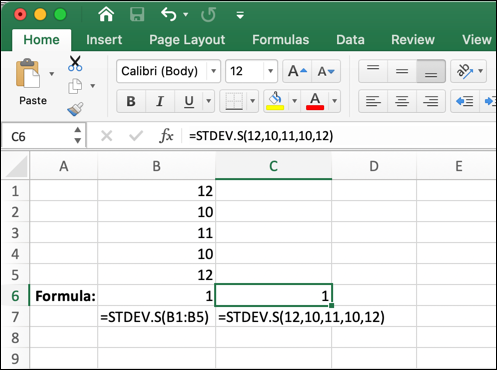 A Microsoft Excel worksheet showing the STDEV.S function being used