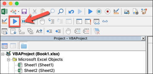 The VBA editor in Microsoft Excel. The Run Sub / User Form has been clicked in order to run the code in the worksheet.