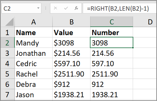An Excel spreadsheet containing three columns of data: name, value, number. The first cell in the “number” column has been highlighted and a formula entered into the formula bar.