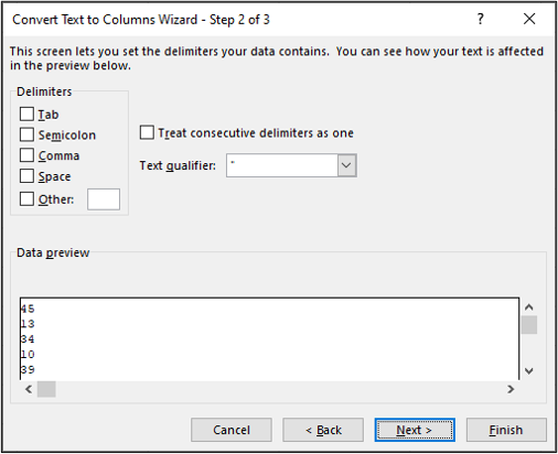 Step two of the "convert text to columns" window in Excel. All delimiters have been deselected.