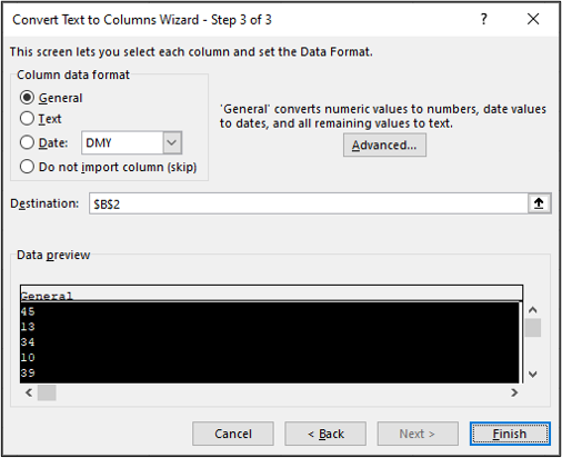 Step three of the "convert text to columns" window in Excel. The "general" option has been selected and the "finish" button highlighted.