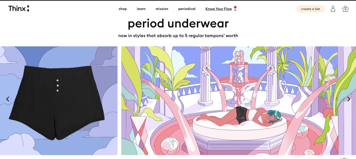 Screengrab of the Thinx homepage, featuring an illustration of a woman sleeping in a plant-filled room, wearing Thinx sleep shorts