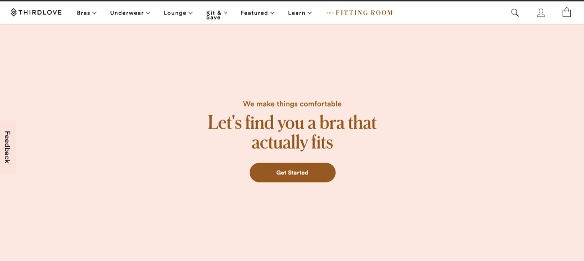 Screengrab of the Third Bra Fitting Room landing page, featuring a light pink background and the text: Let's find a bra that actually fits