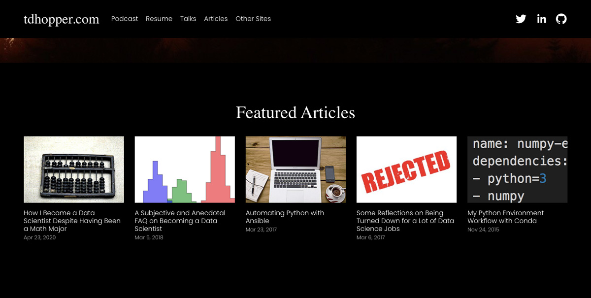 A screen grab from Tim Hopper's portfolio website, showing featured blog articles