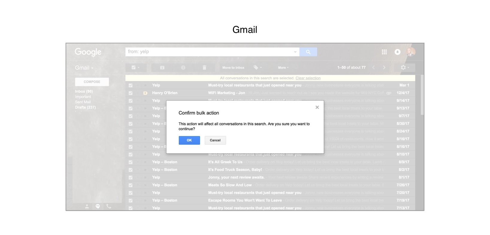 A screenshot of Gmail email client and its "confirm bulk action" button