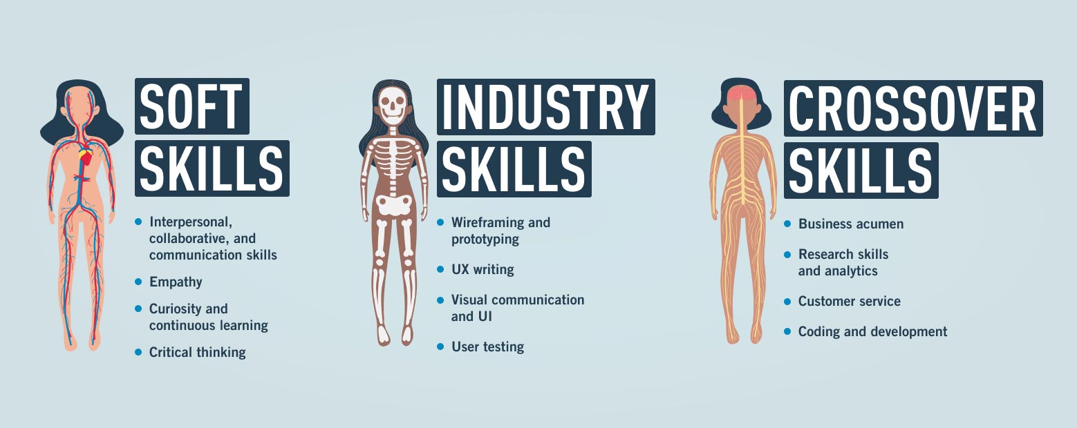 Illustration of three bodies that represent UX skills: cardiovascular system (soft skills), skeletal system (industry skills), and nervous system (crossover skills)
