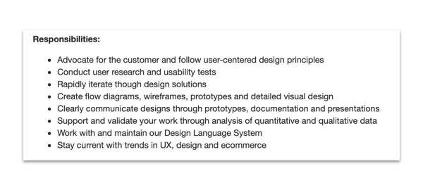 Screenshot of a UX design job description