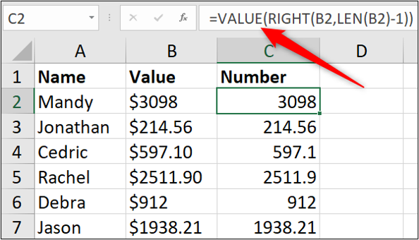 An Excel spreadsheet containing three columns of data: name, value, number. The first cell in the “number” column has been highlighted and the "VALUE" formula entered into the formula bar.